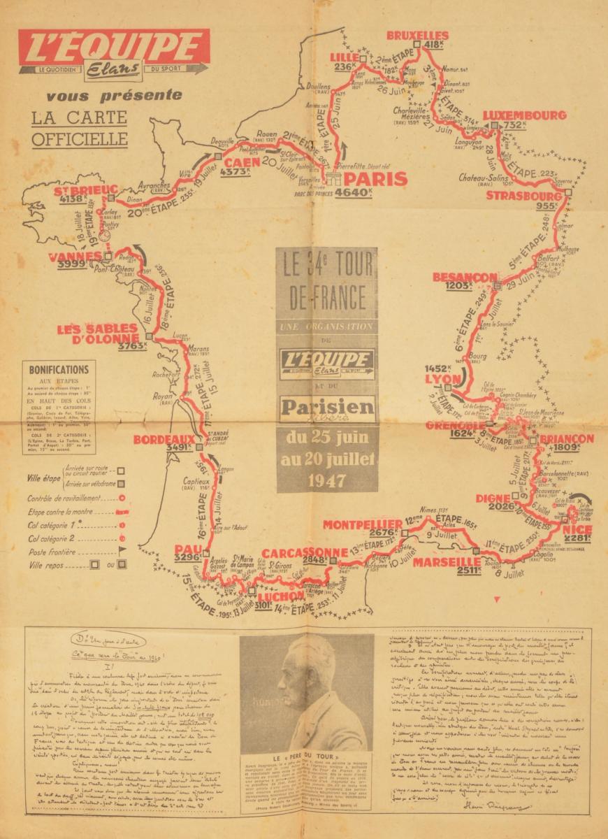 CARTE OFFICIELLE DU TOUR DE FRANCE 1947 SUPPLÉMENT D'UN JOURNAL